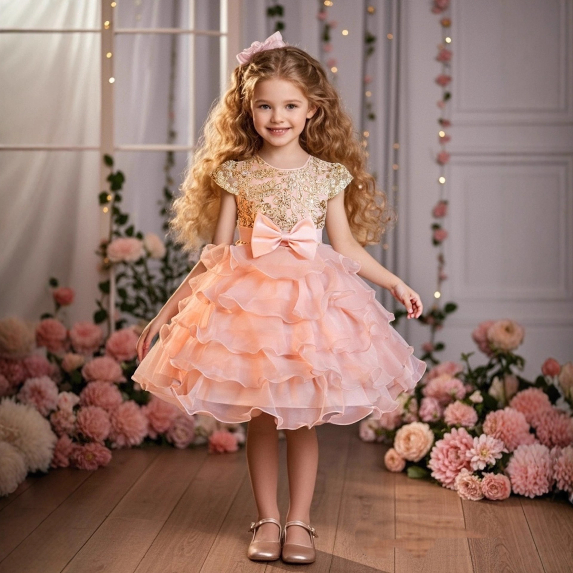 Girls' princess dress, bow embroidered multi-layer mesh, fluffy cake dress, high-end birthday and one year wedding dress