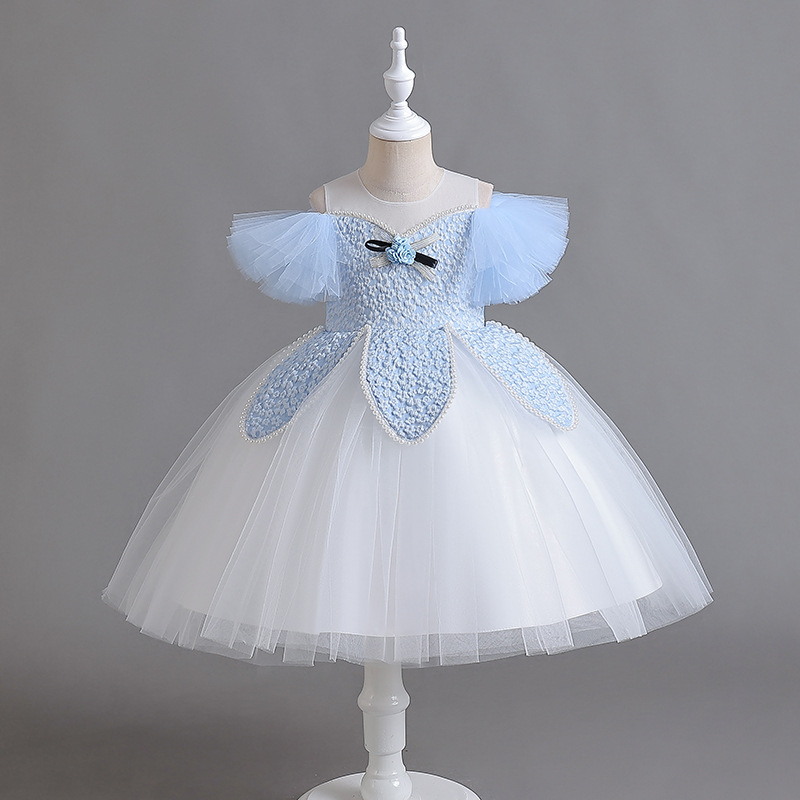 New Pearl Girls' Dress Wedding Flower Girl Princess Dress Piano Performance Dress Host Birthday Fashion Dress