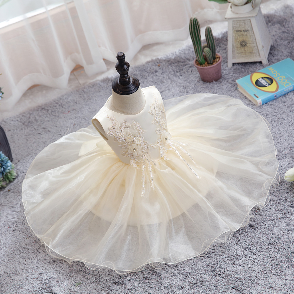 New Flower Girl Dress Wedding Girl One Year Old Baby Infant Princess Skirt Elegant Children's Mesh Puff Skirt