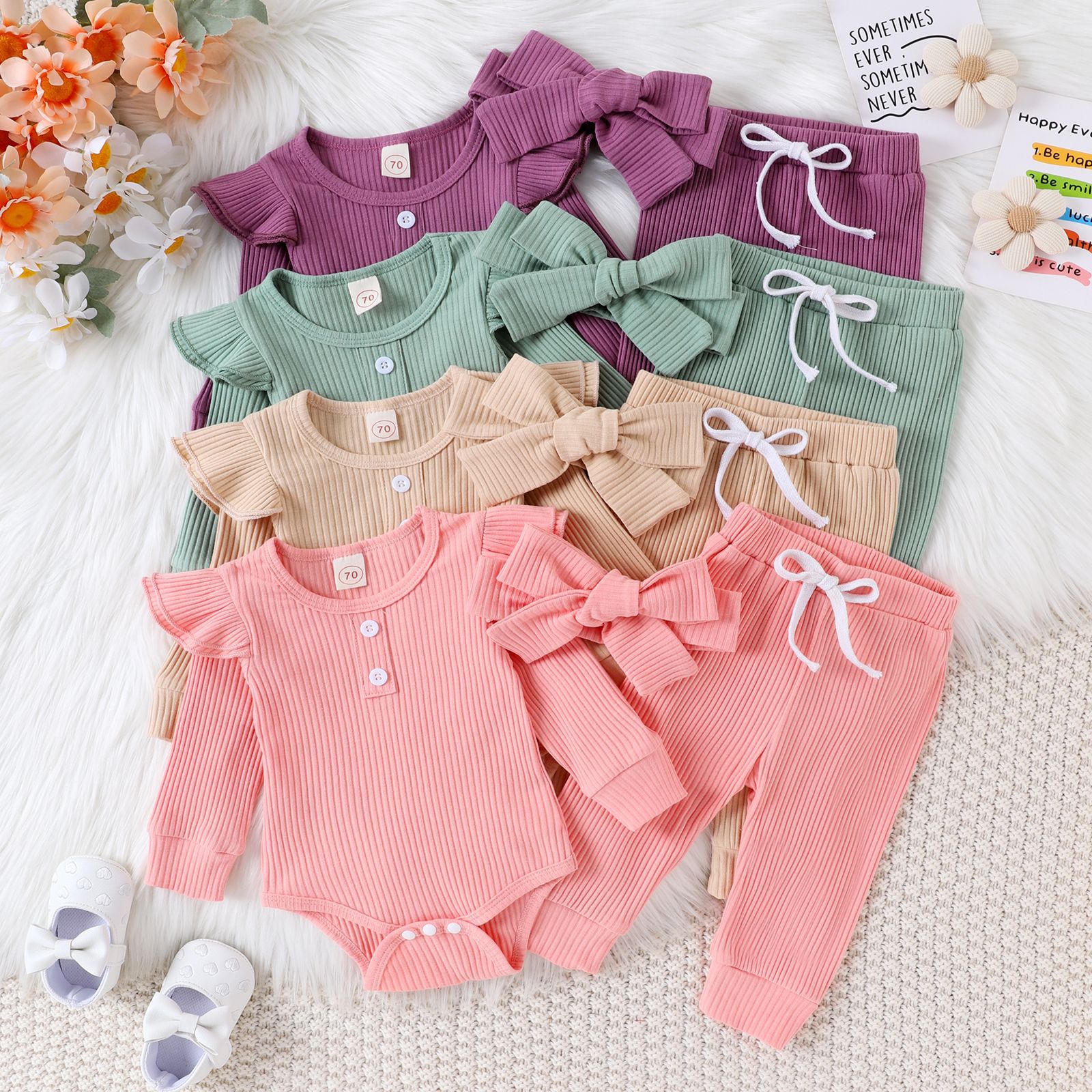 Baby girl autumn outfit solid color casual pit stripe long sleeved small fly sleeve jumpsuit long pants three piece set bow headband