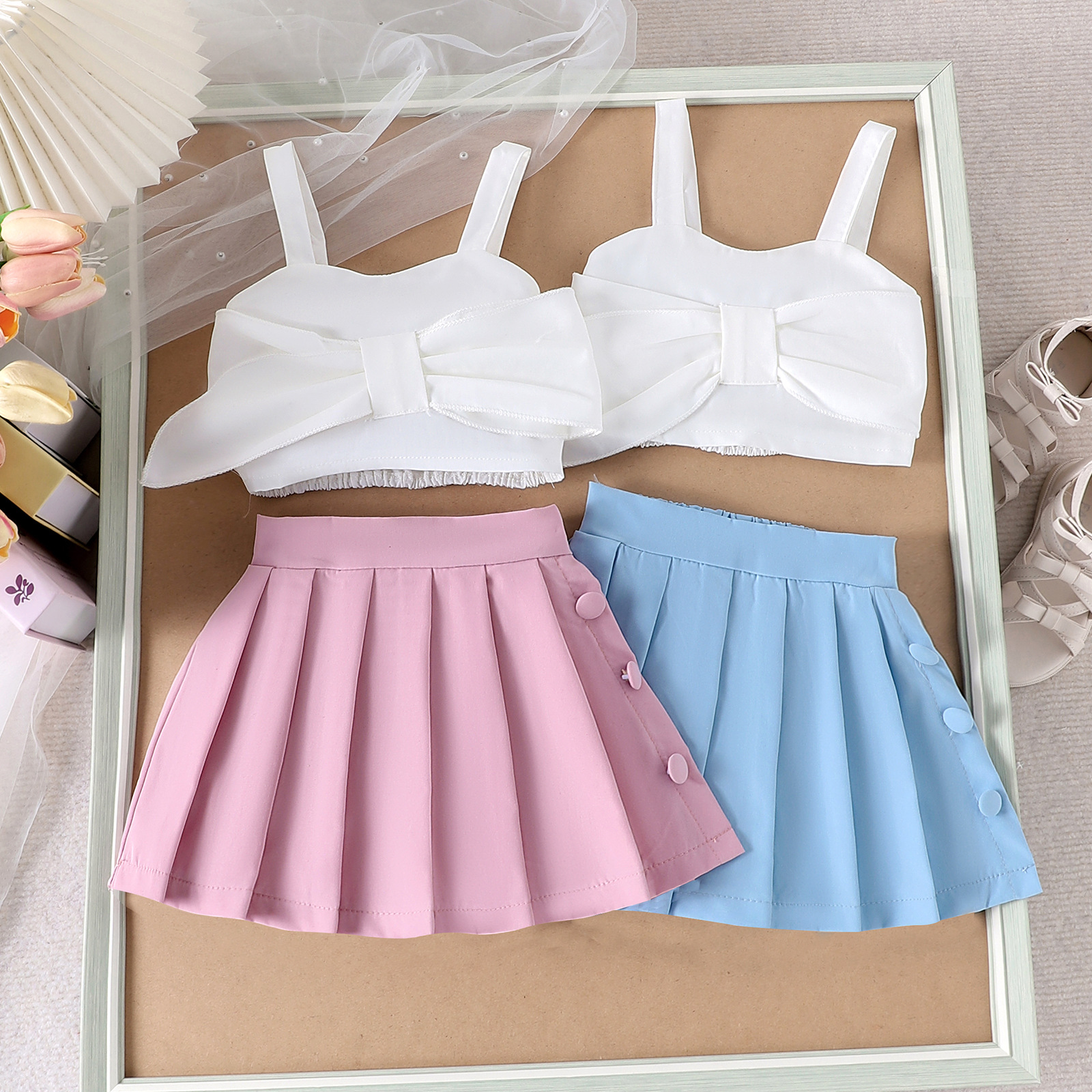 European and American children's clothing girls' set 2025 autumn girls' baby white camisole top paired with fake two-piece shorts