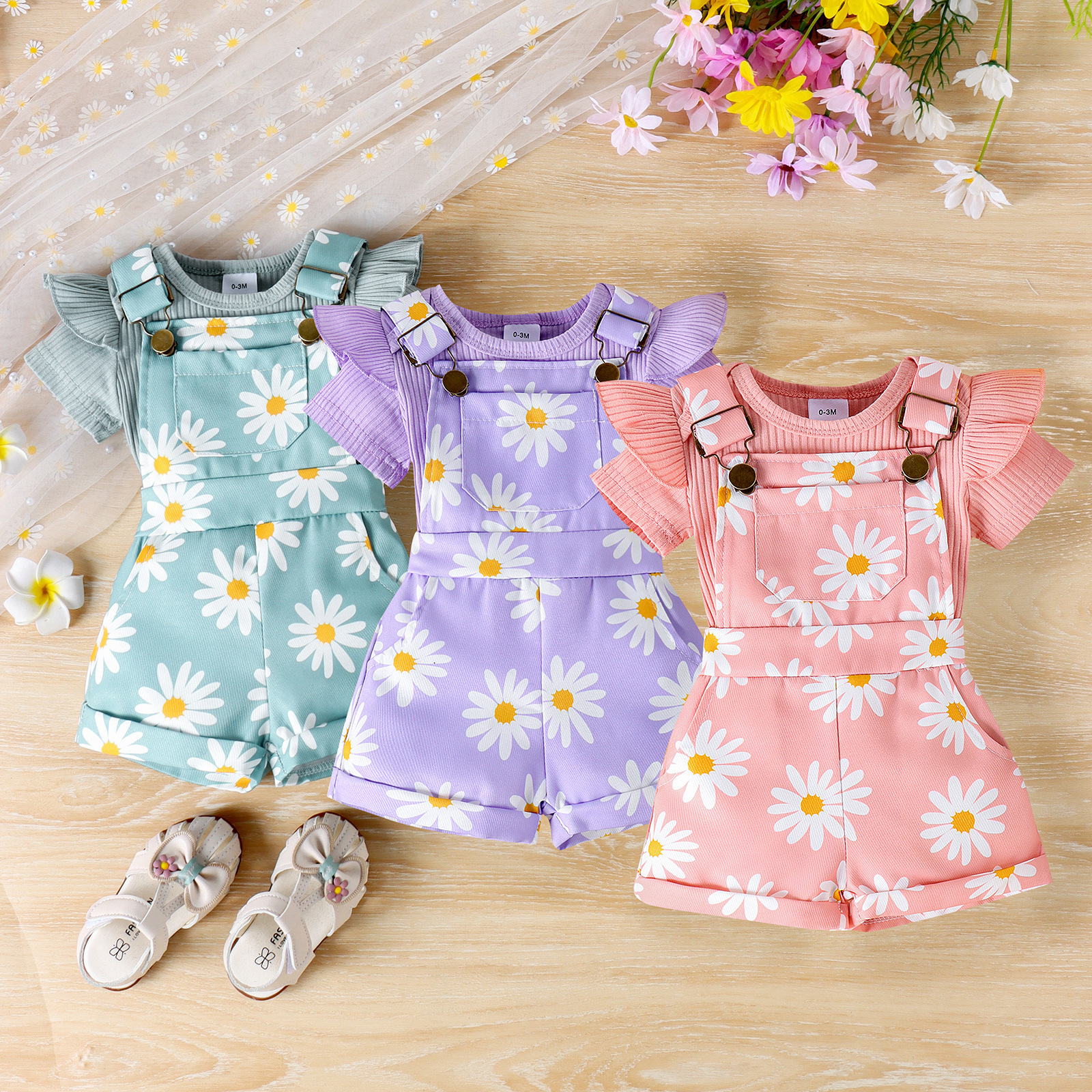 Cross border INS summer new girls' baby solid color pit stripe Ha Yi flower printed overalls set