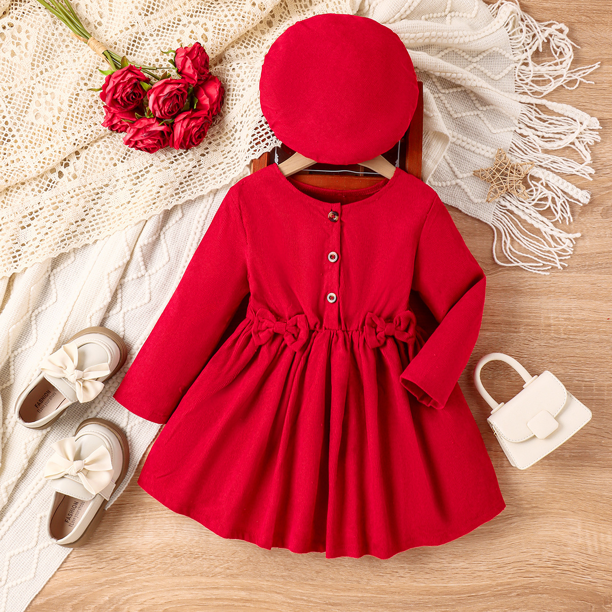 New autumn and winter girls' corduroy solid color bow dress with hat for foreign trade in Europe and America