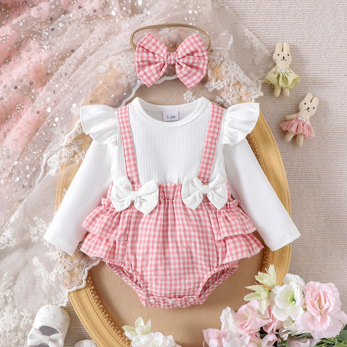 Foreign trade children's clothing cute baby girl knitted pullover top spliced with pink checkered jumpsuit