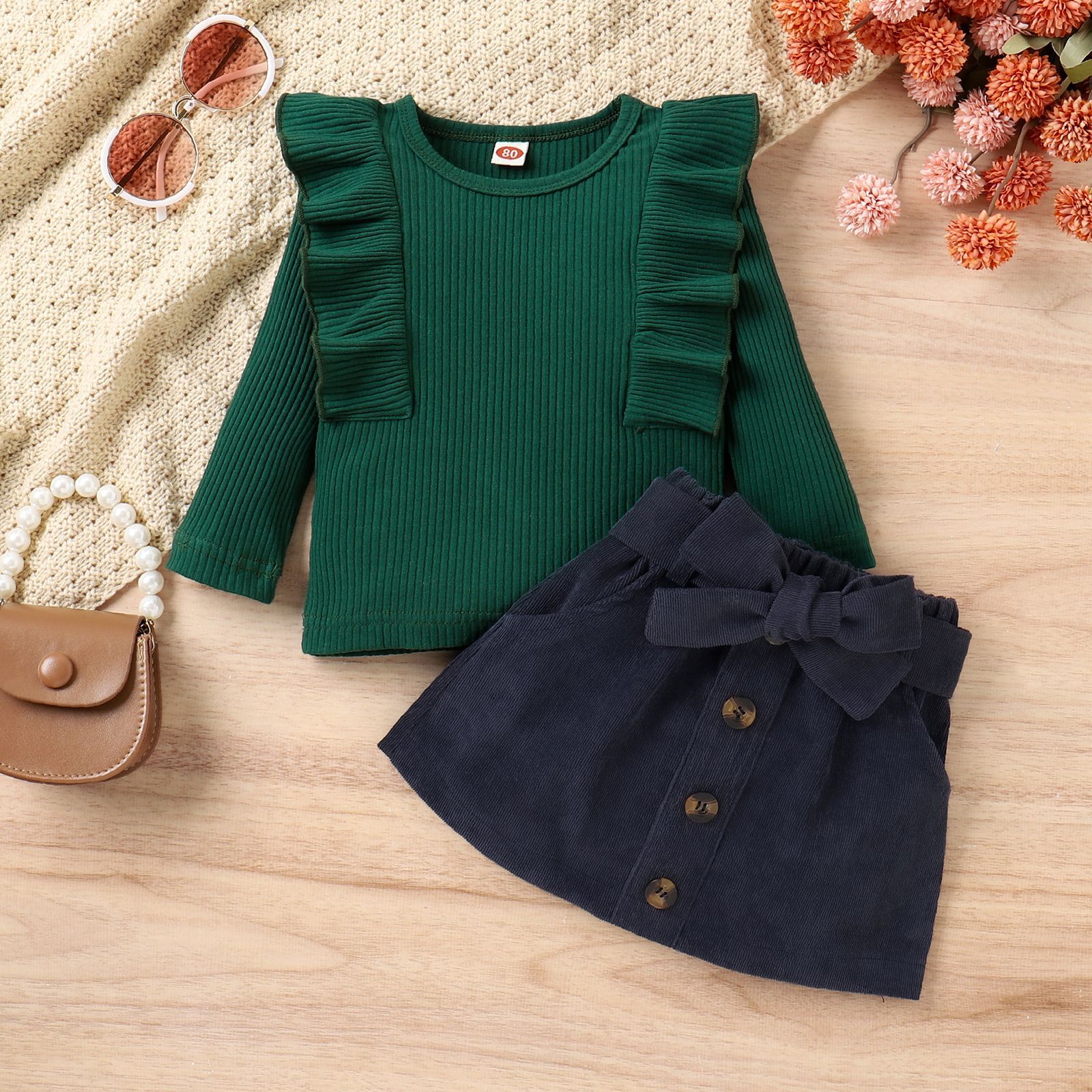 Girl's Spring and Autumn Set, Dark Green Pit Strip Long Sleeve Top+Corduroy Short Skirt, Two Piece Set, Cross border Children's Clothing