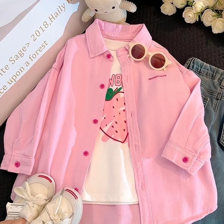 Girls' Korean version casual versatile jacket, mid size children's spring and autumn style, western-style letters, fashionable solid color, lapel jacket, top