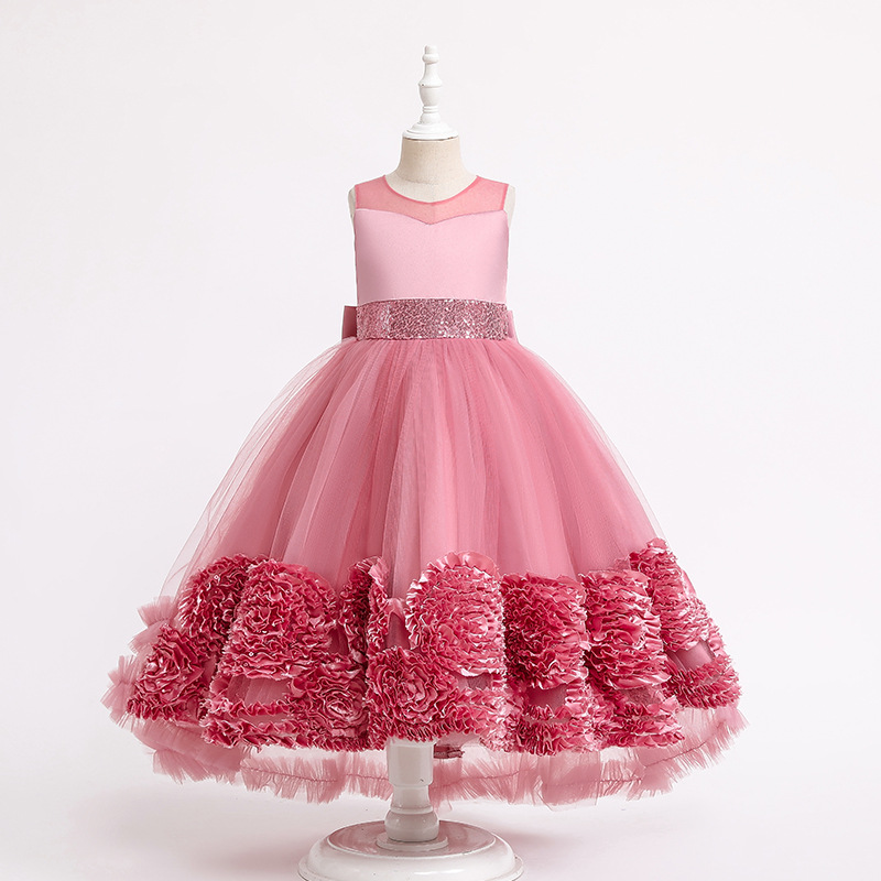 Girl's dress with three-dimensional floral skirt, trailing sleeveless princess dress, birthday party, piano performance, runway dress