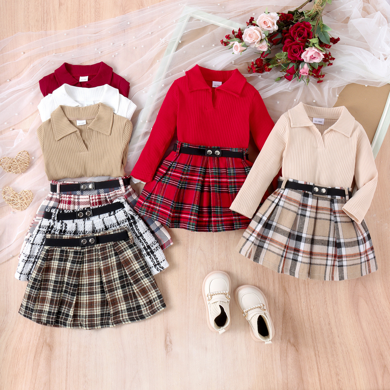 Children's clothing set cross-border college style multi-color pit stripe V-neck long sleeved+plaid pleated skirt for girls in autumn and winter