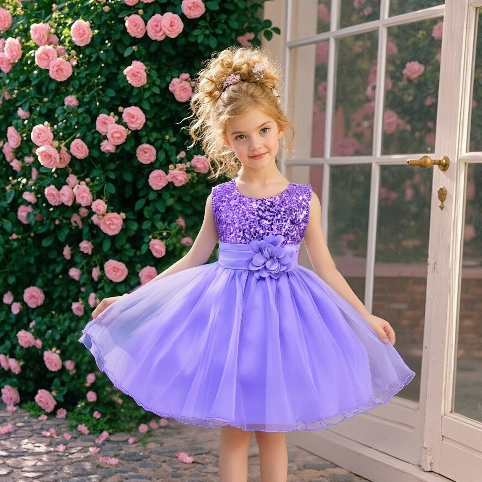 Cross border popular children's sequined dress, waist length floral short puffy skirt, little girl's dress, one piece hair replacement