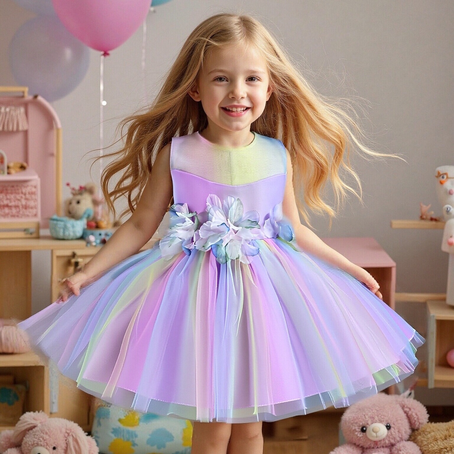AliExpress hot selling girls' laundry dresses with colorful flowers, fluffy skirts, baby's first year banquet, kindergarten program performance costumes