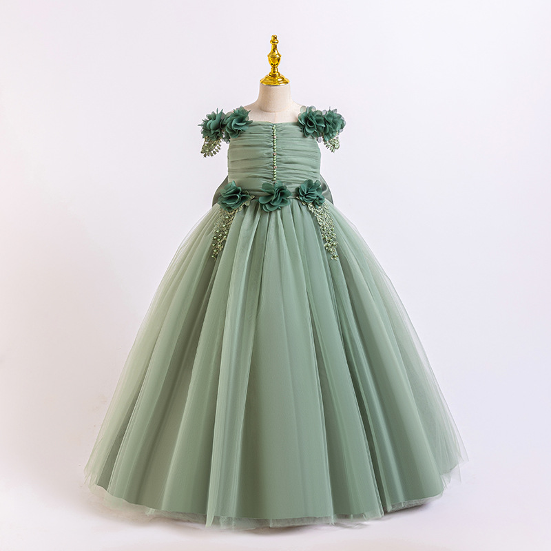 European and American children's evening dress, flower girl wedding dress, princess dress, lace embroidery, medium and large children's long suspender flower dress