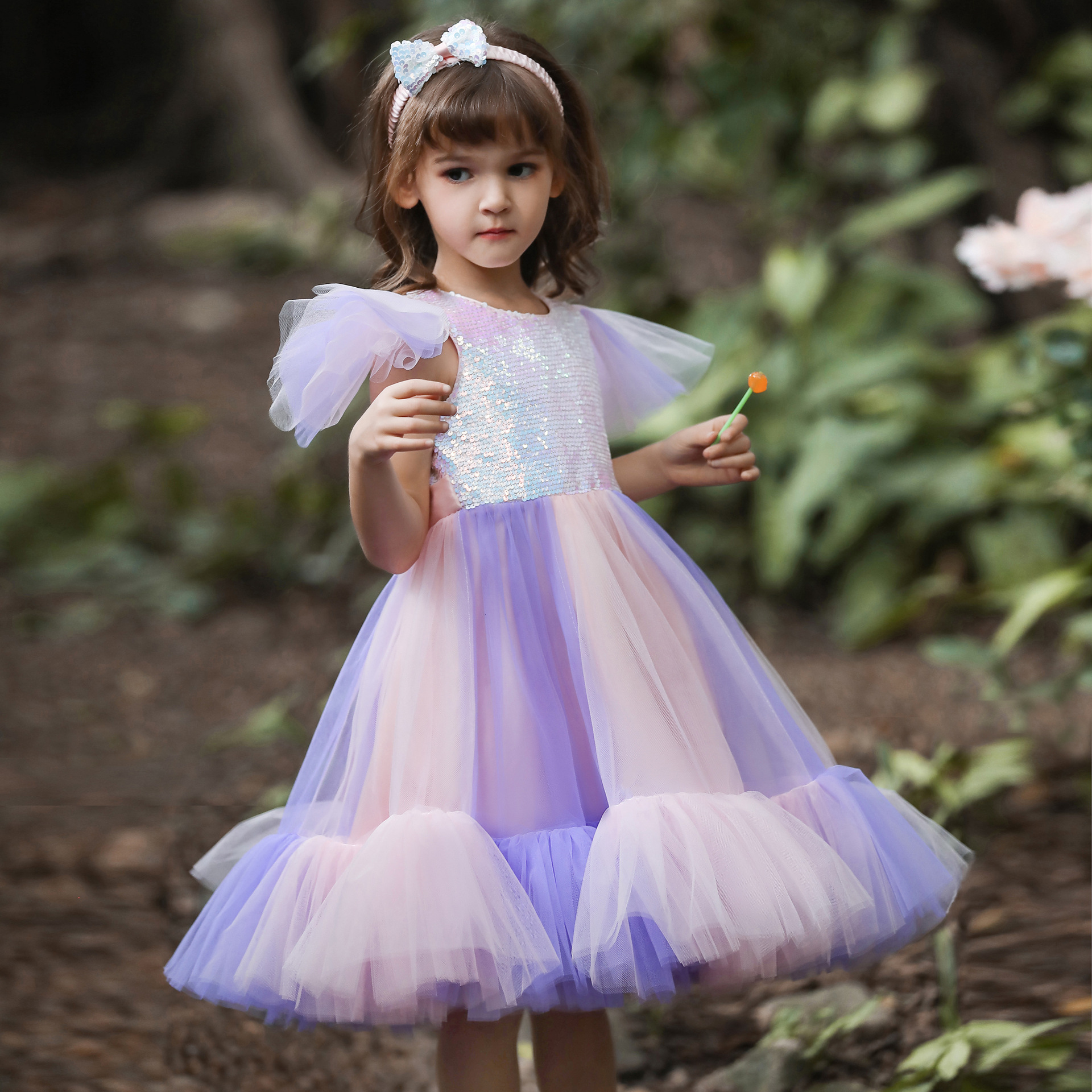 New European and American children's dresses, princess dresses, girls' sequin mesh skirts, fluffy skirts with hair bands, sequin performance costumes wholesale
