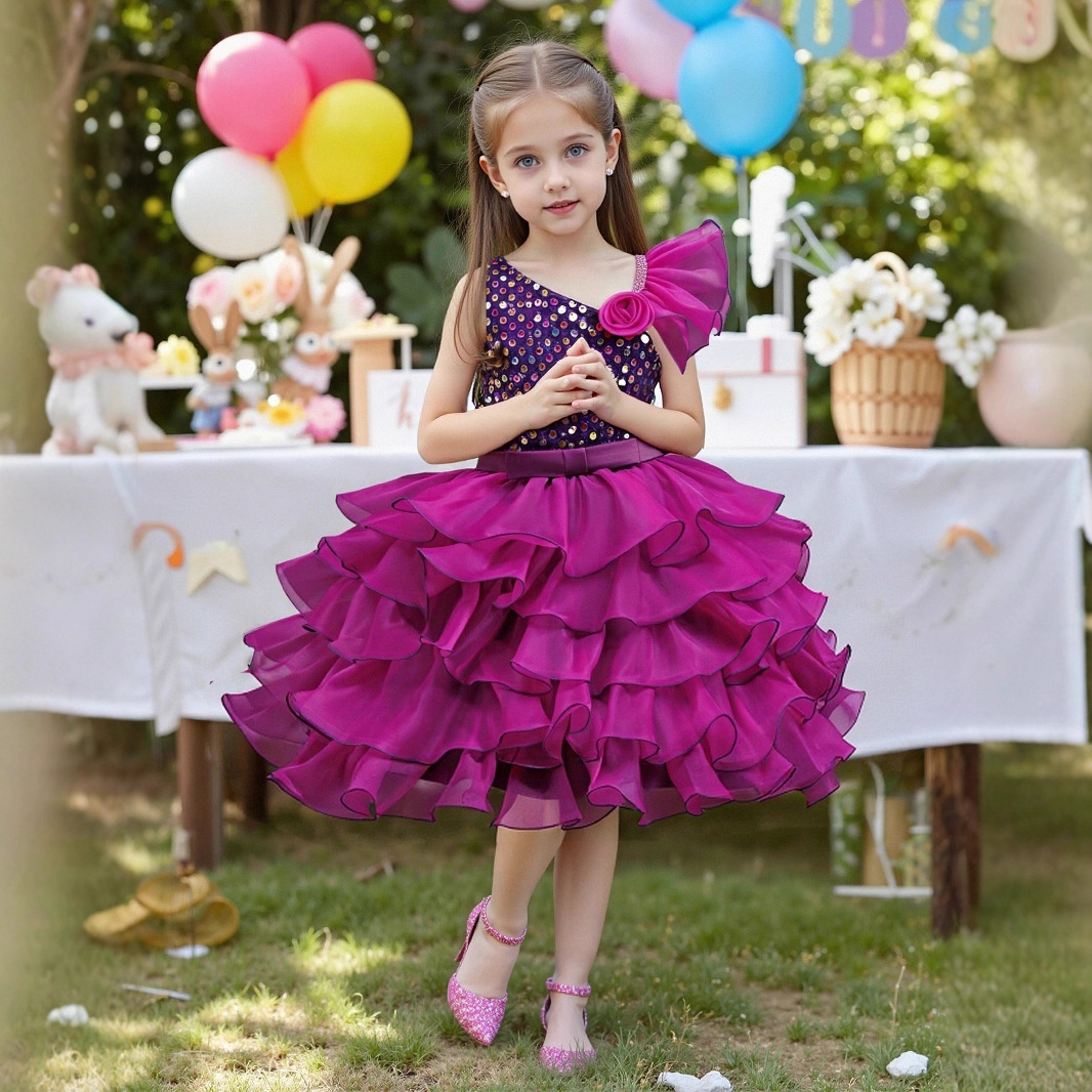 High end girls' formal dress with sequins, irregular one shoulder flower princess dress, stage performance costume, cross-border manufacturer wholesale