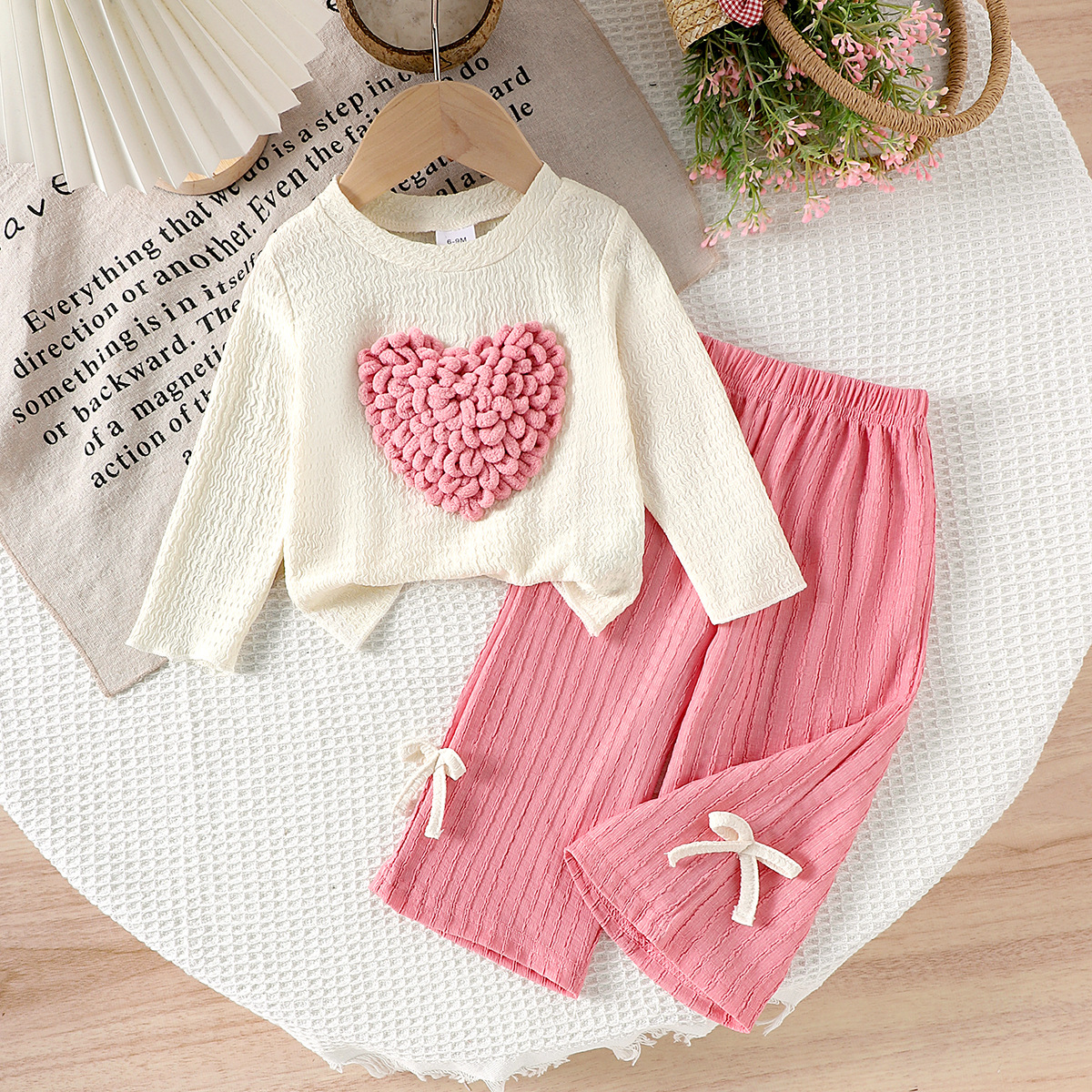 Amazon Foreign Trade European and American Girls' Hoodie Love Type Rice White Long Sleeve Hoodie Pink Pants Two Piece Set