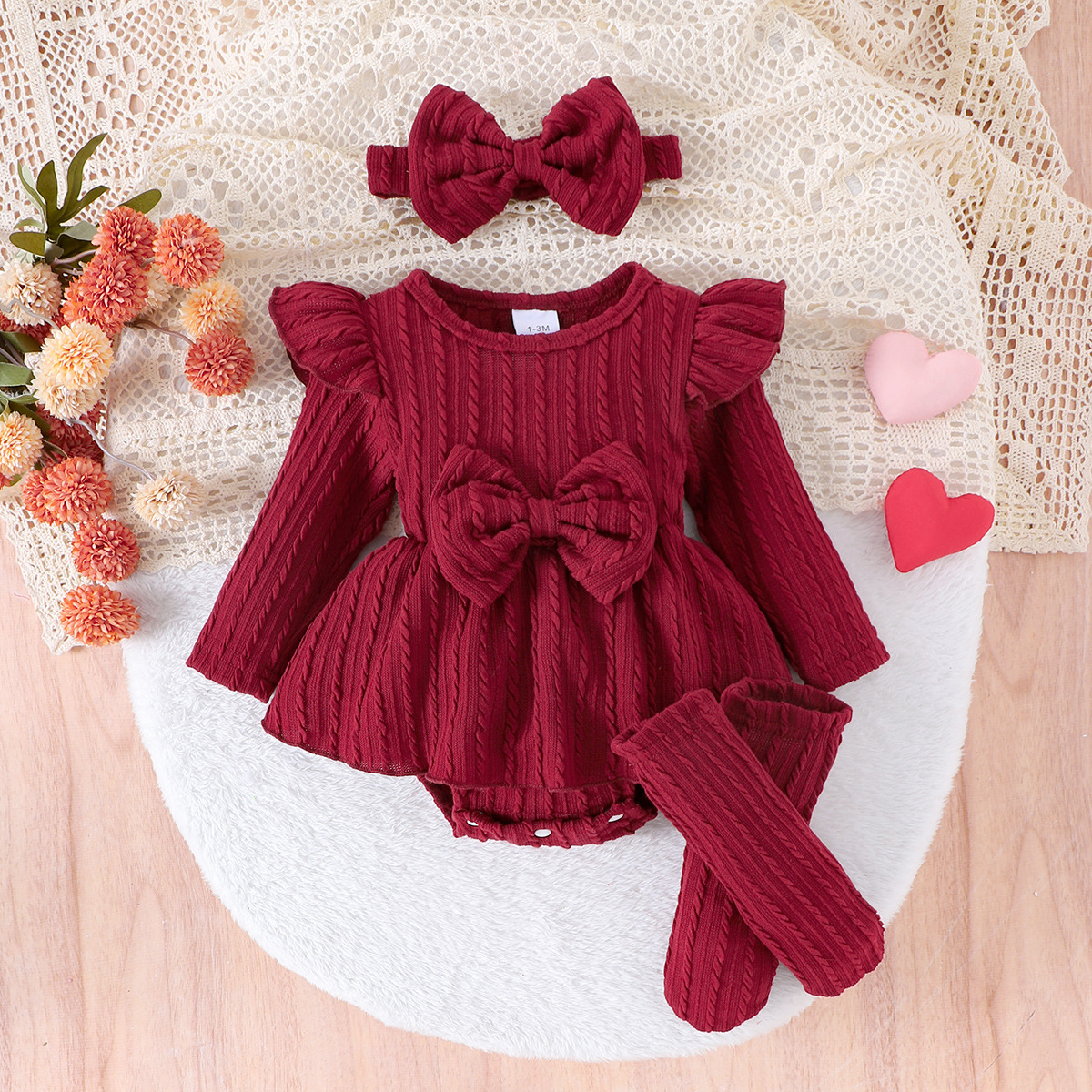 Cross border foreign trade autumn and winter new baby children solid color small Fried Dough Twists bow one-piece dress head estimation socks