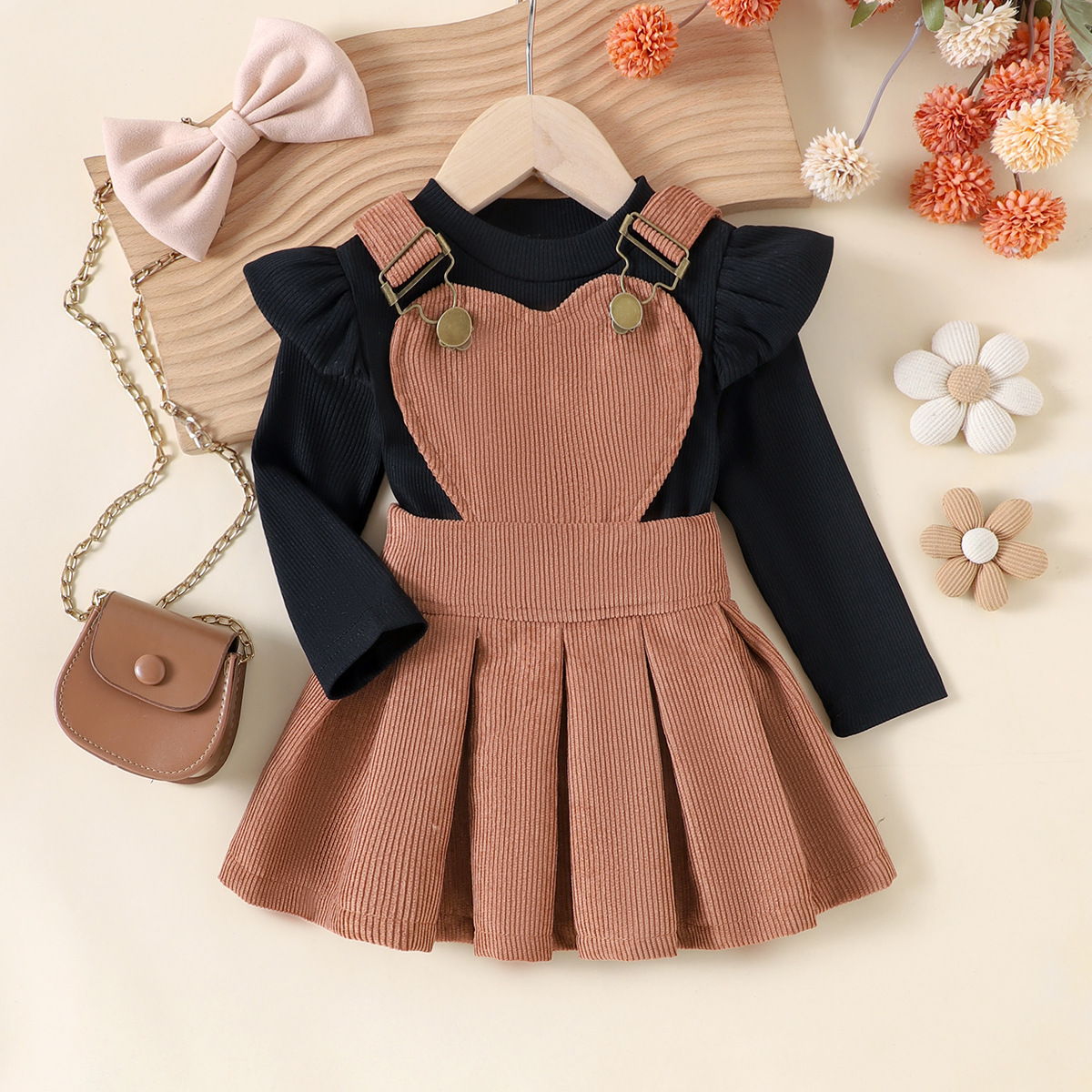 Children's Clothing Spring and Autumn Girls' Black Knitted Top with Coffee Strap Skirt Two Pieces