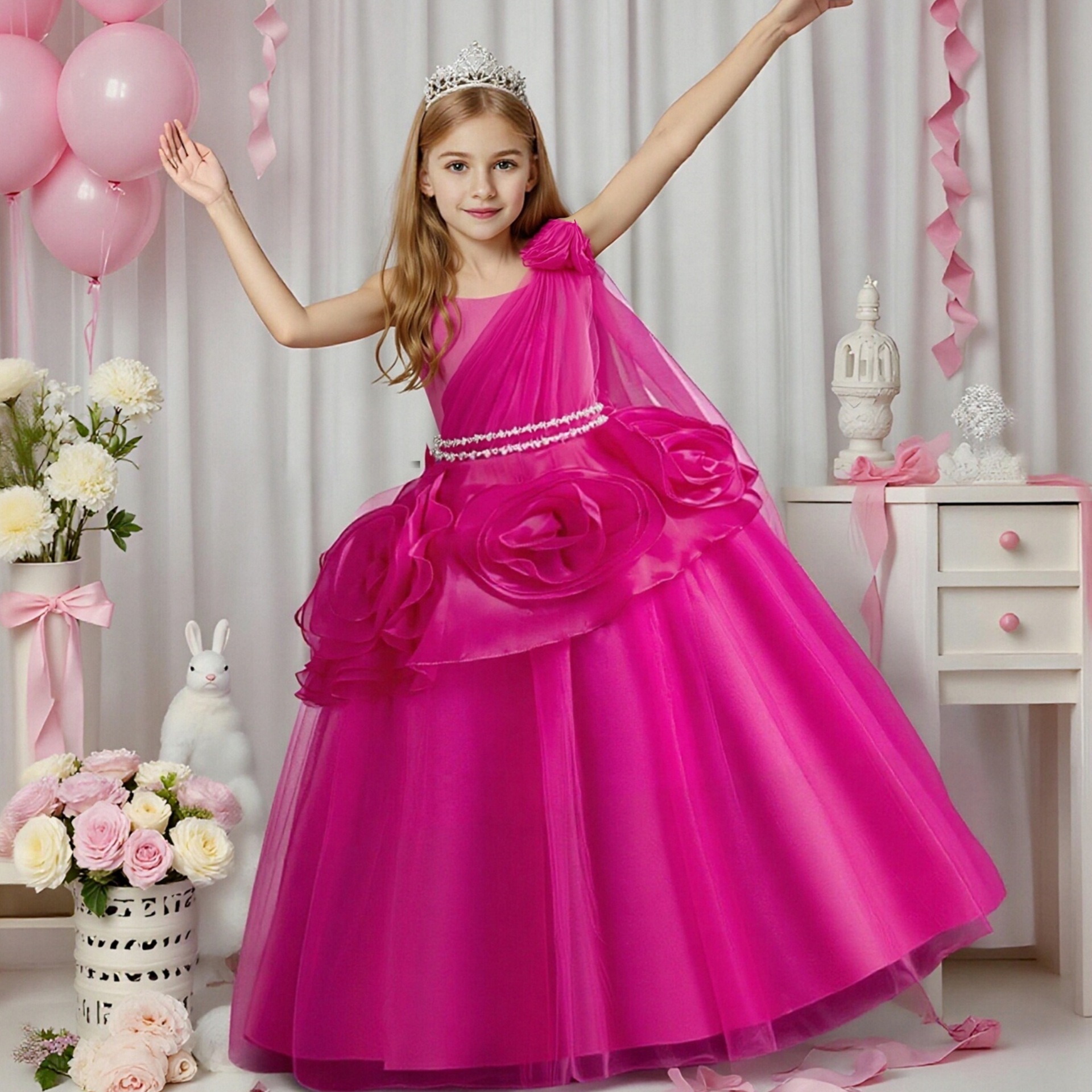 European and American style girls' evening dress, birthday princess dress, diamond decoration, big flower girl wedding dress, host piano performance costume