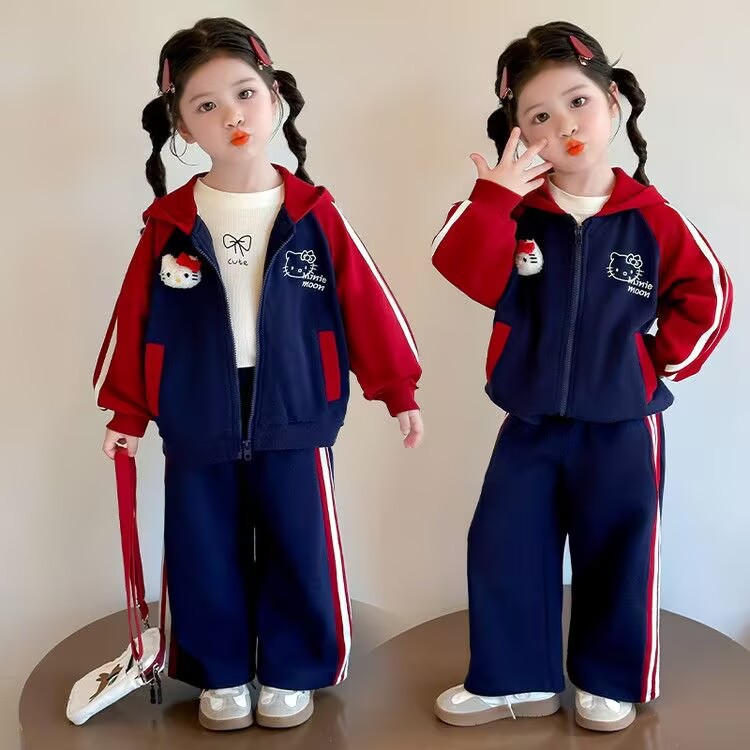 Girl's cartoon cat zip up set, featuring the latest color blocking and versatile zipper hoodie from Da Tong Spring and Autumn. This two-piece set is trendy