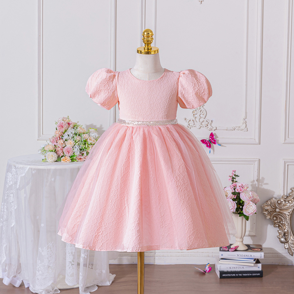 Pink girls' dress, high-end fluffy silk princess dress, flower girl, little girl, host, piano performance costume, summer