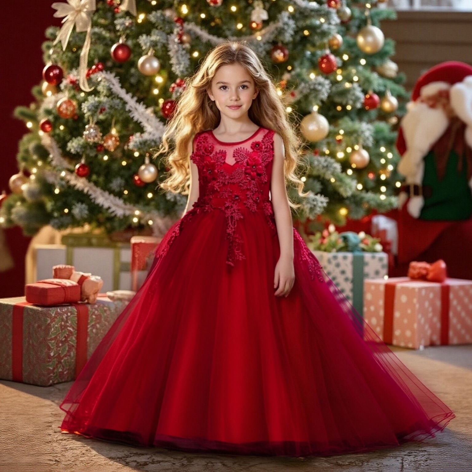 Top selling foreign trade fashion show dress for middle-aged girls, princess flower lace fluffy dress, host speech dress