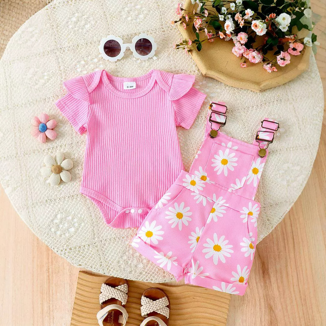 Amazon INS Little Fresh Girl Baby Set Solid Color Headset Ha Yi Printed Strap Pants Two Piece Set