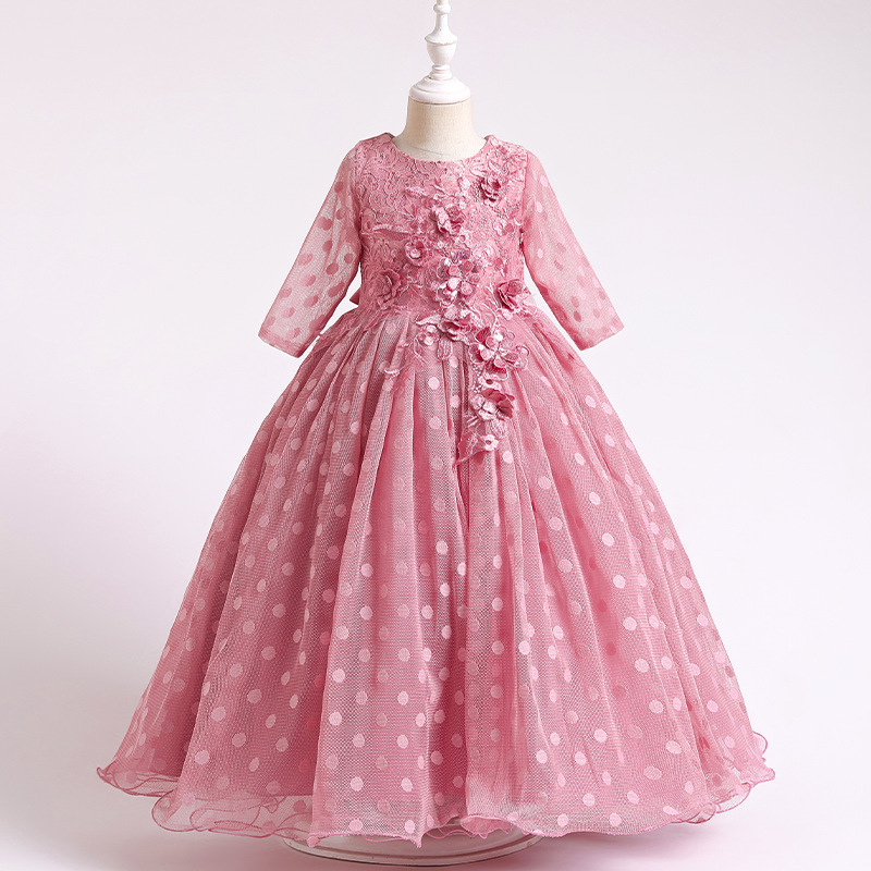 Girls' autumn long sleeved polka dot dress princess dress flower decoration British runway performance piano host dress
