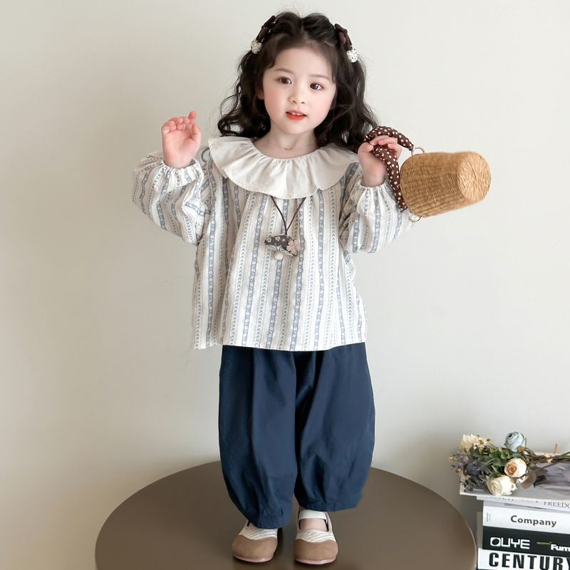 Girls' Korean Cute Set - Spring and Autumn New Fashionable Lotus Leaf Collar Top, Wide Leg Pants, Two Piece Set