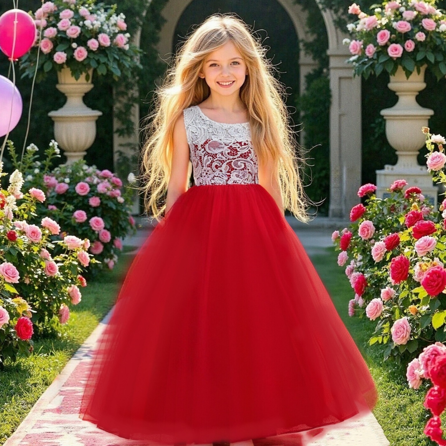 Long girls' dress, flower girl dress, European and American style sleeveless multi-layer mesh princess dress, piano performance costume