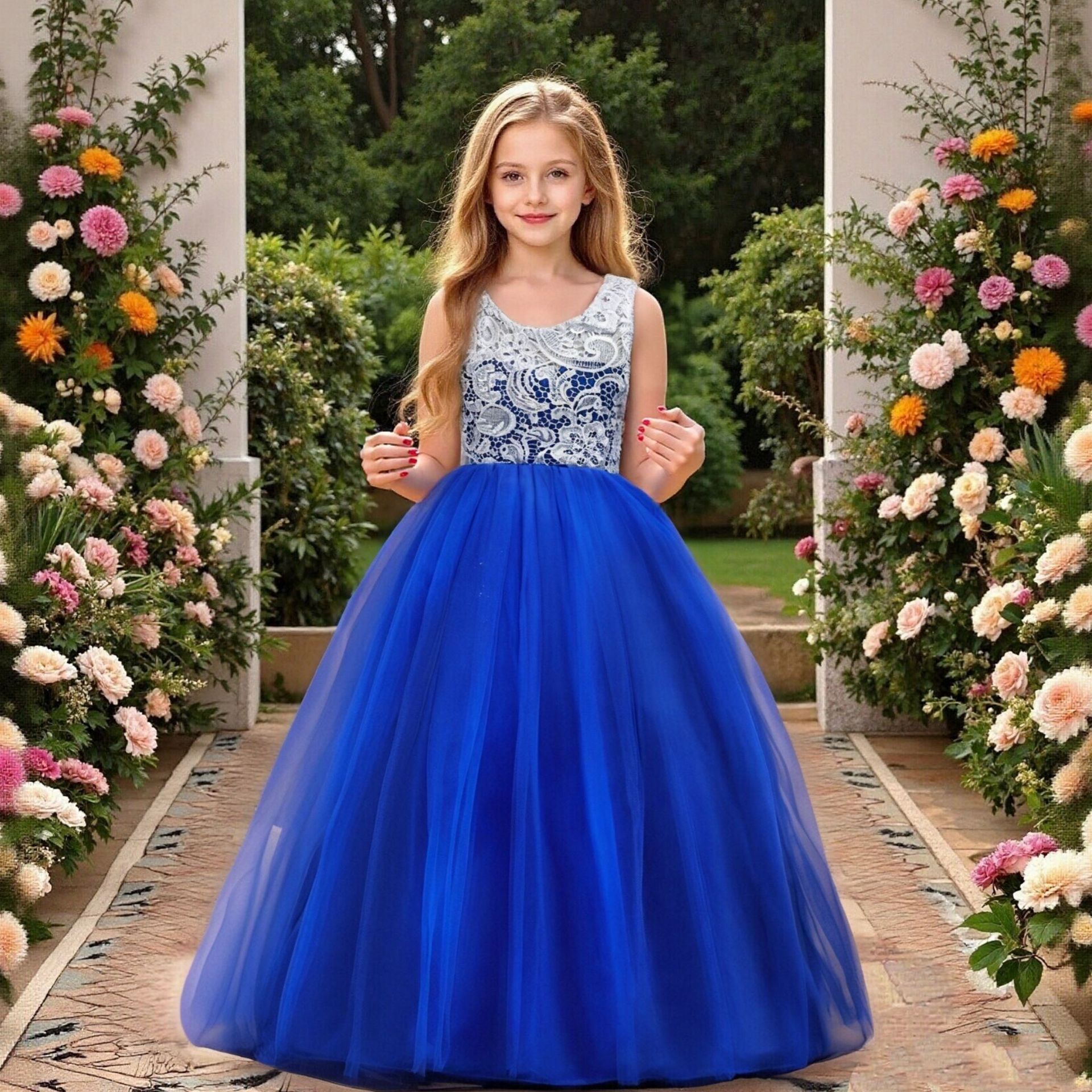 European and American style long dress, high waisted lace fluffy princess dress, flower girl wedding dress, host violin performance costume