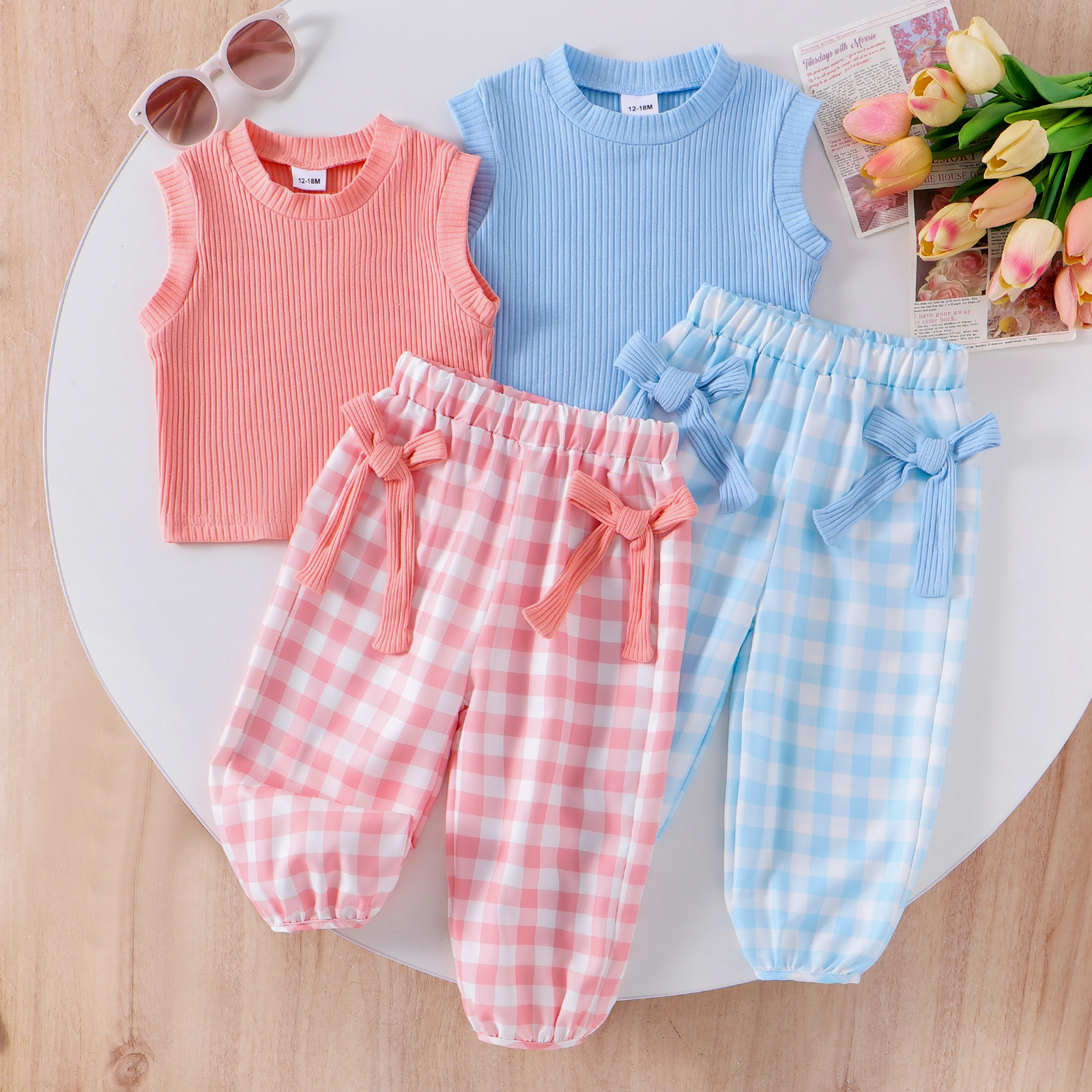 Amazon INS Girl Baby Sleeveless Solid Color Tank Top=Checkered Bow Pants Two Piece Set