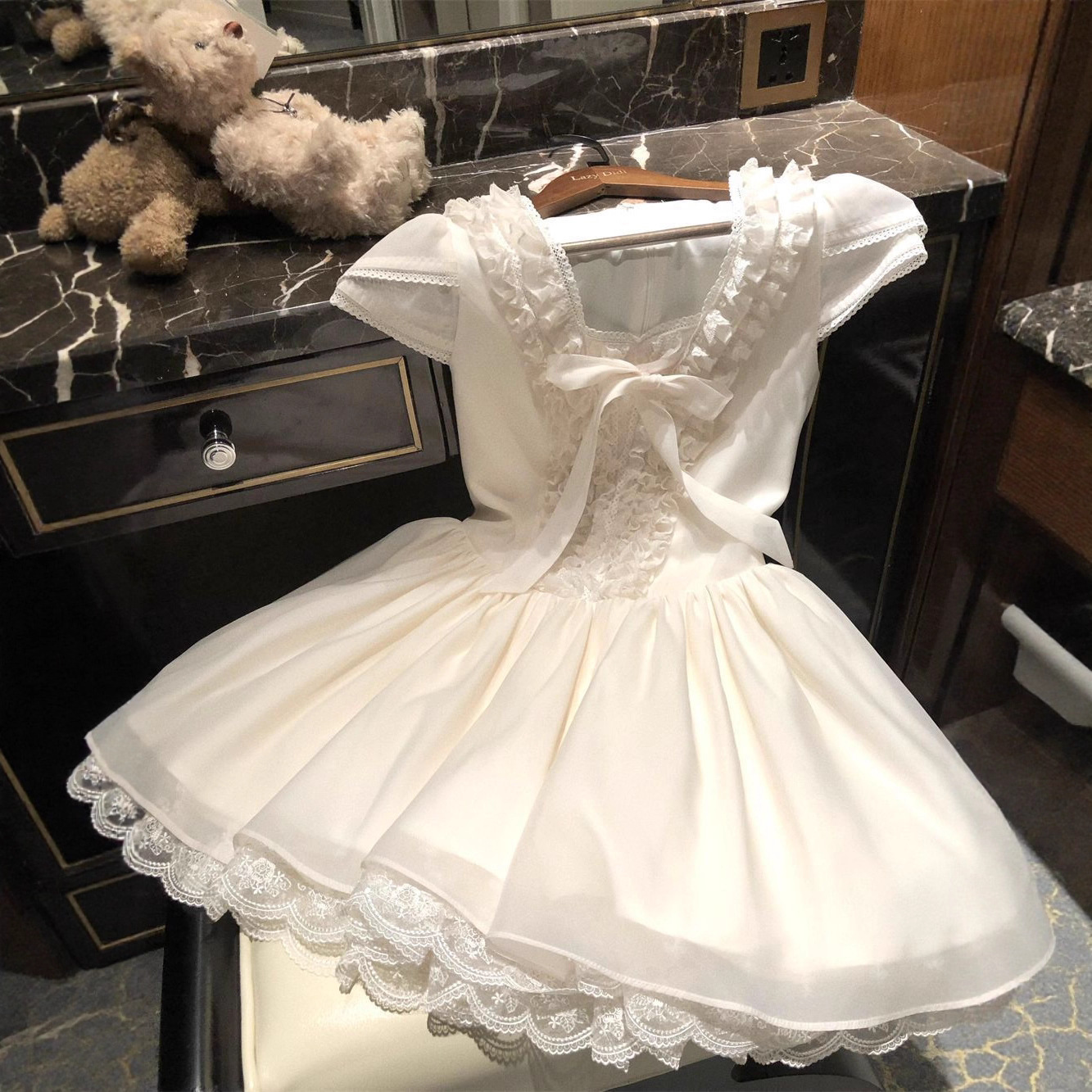 Girls' Korean bow puffy dress, summer dress, medium and large children's lace, western-style lace, princess style princess dress