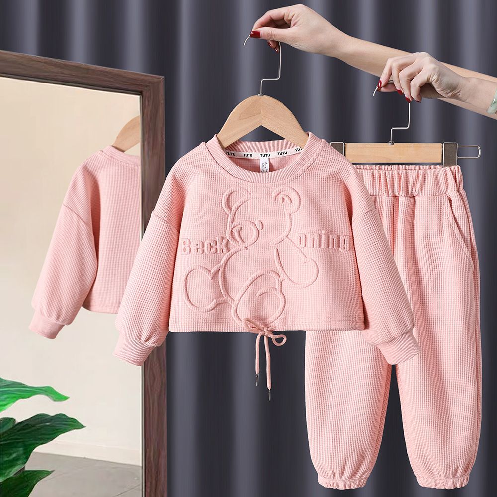 Girls' Korean version Little Bear hoodie set 2024 Spring and Autumn new children's stylish cartoon hoodie long pants two-piece set