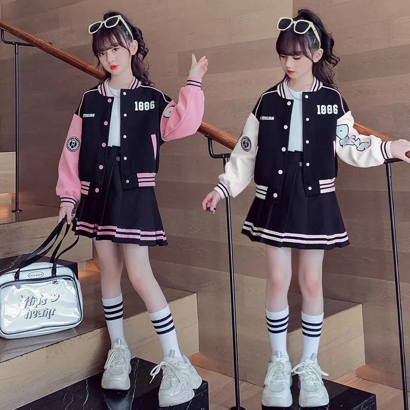 Girls' Spring and Autumn Sports Set 2024 New Korean Edition Internet Celebrity Baseball Jacket Fold Skirt Children's Two Piece Set Trendy