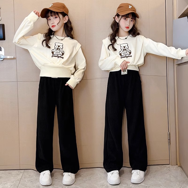 Girls' Korean style Western style set 2024 Spring and Autumn new item, Zhongda children's cartoon fashion hoodie, casual pants two-piece set