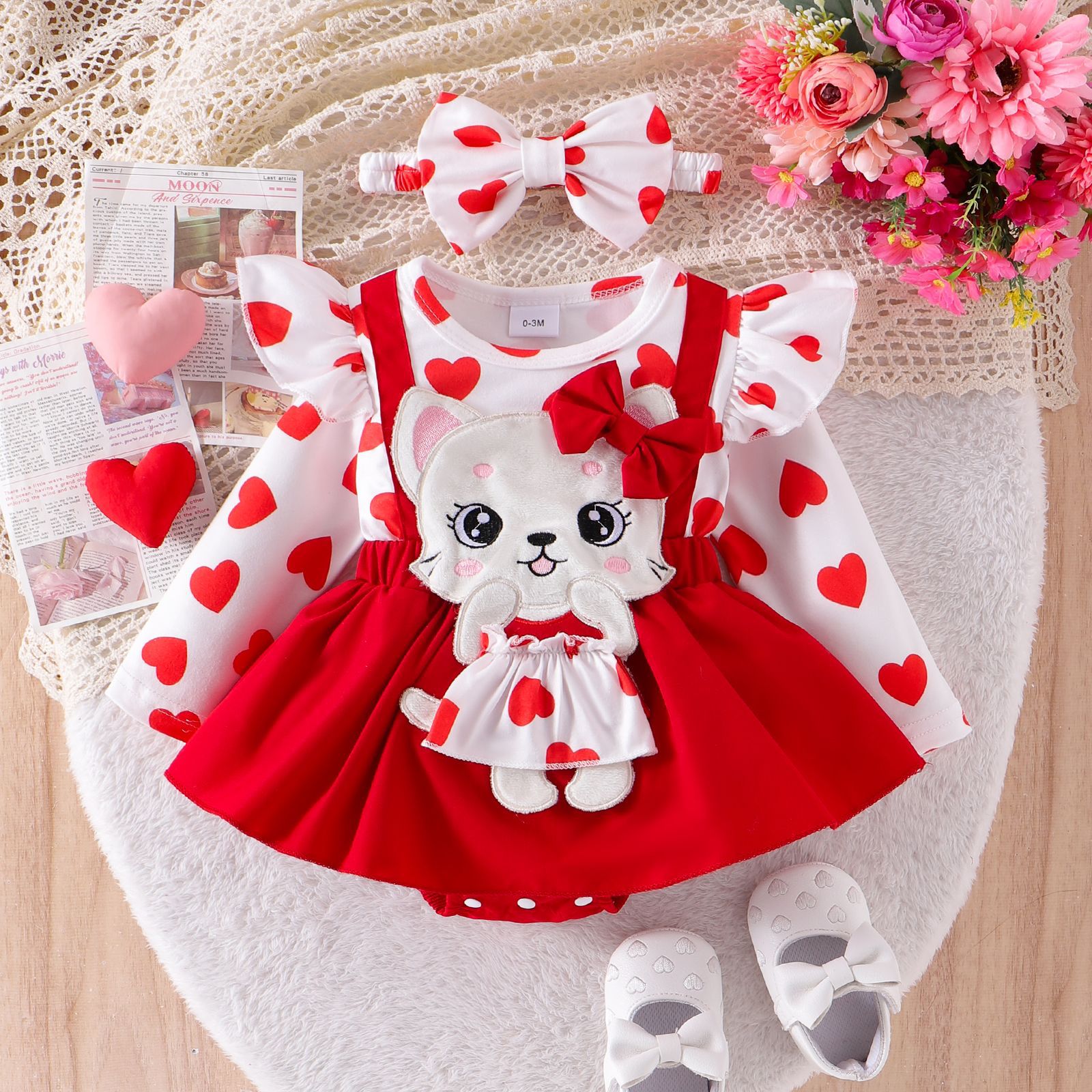 Foreign trade European and American baby girl baby love print cute cat jumpsuit Ha skirt