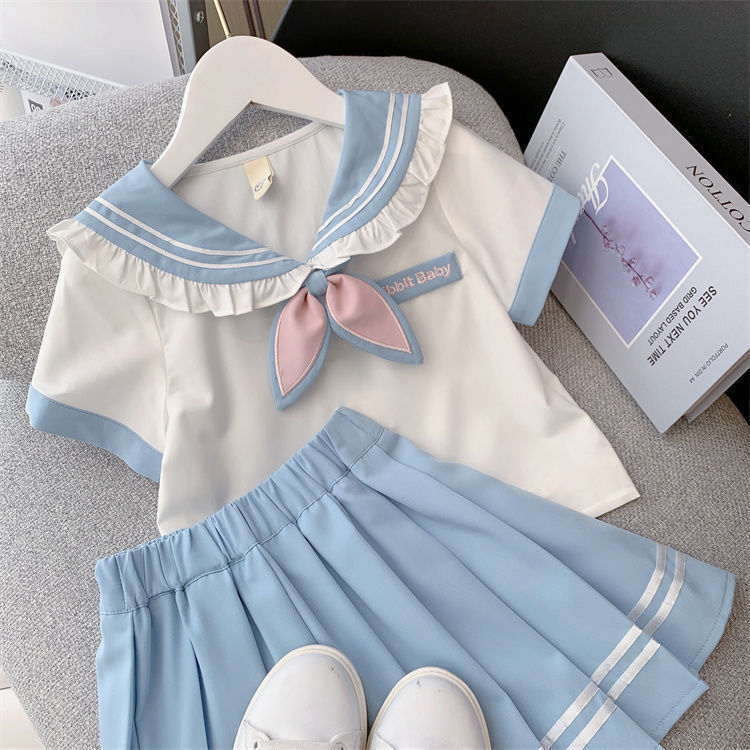 Girls' Student JK Set Skirt Korean Short Sleeve Summer Dress Middle University Children's Western Style Shirt College Style pleated Skirt Two Piece Set