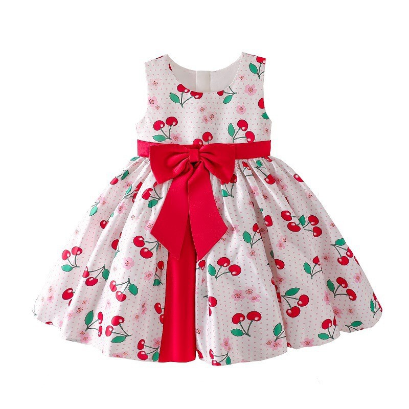 New summer Korean version small cherry big bow cute floral dress for girls, breathable princess dress day