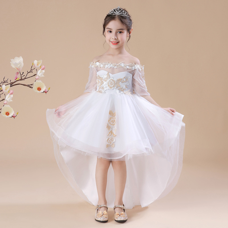 Children's dress, princess dress, flower girl wedding dress, evening dress, one shoulder embroidered fluffy dress, trailing long dress, performance dress