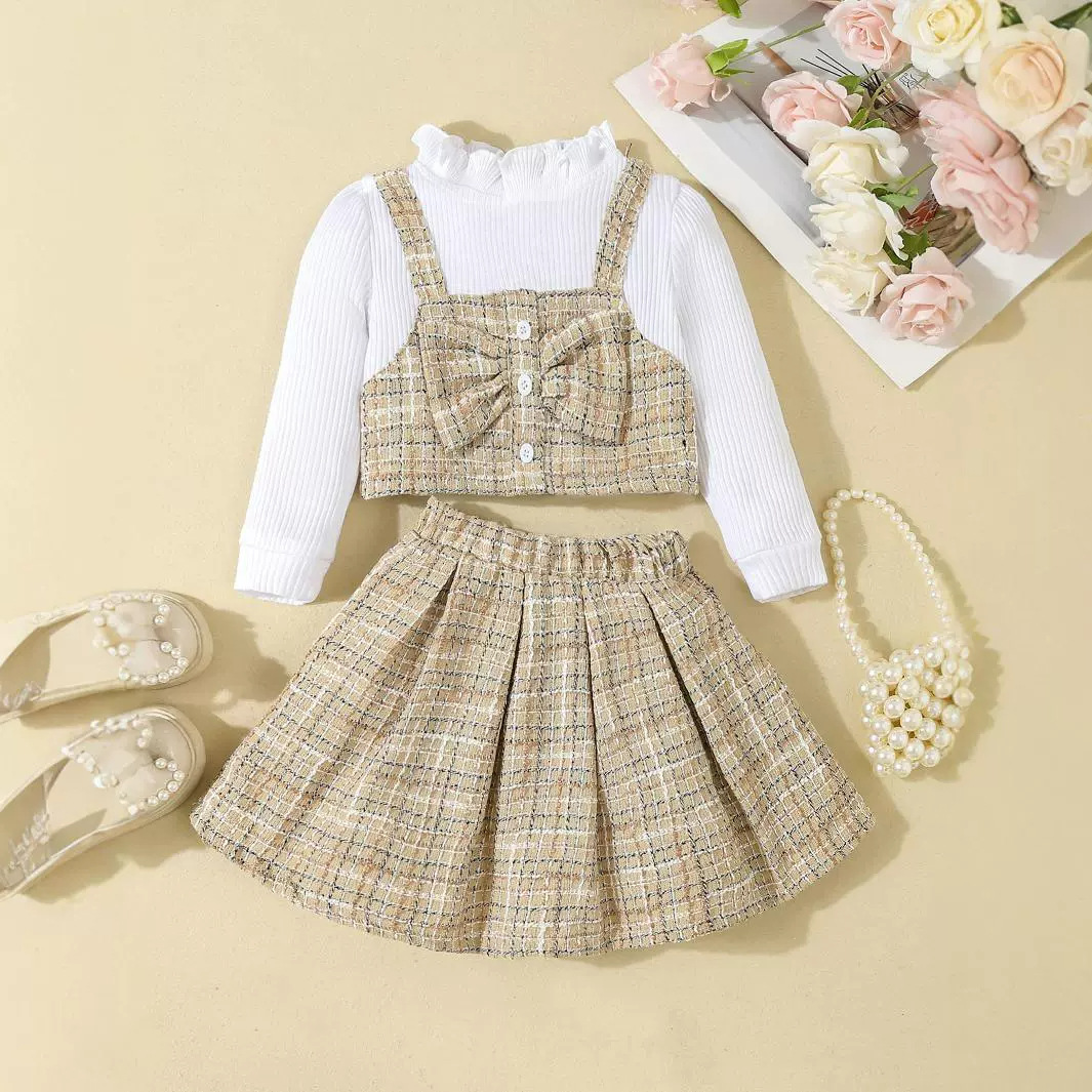 New autumn style girls' and babies' small fragrant style short skirt set with long sleeves and top for foreign trade