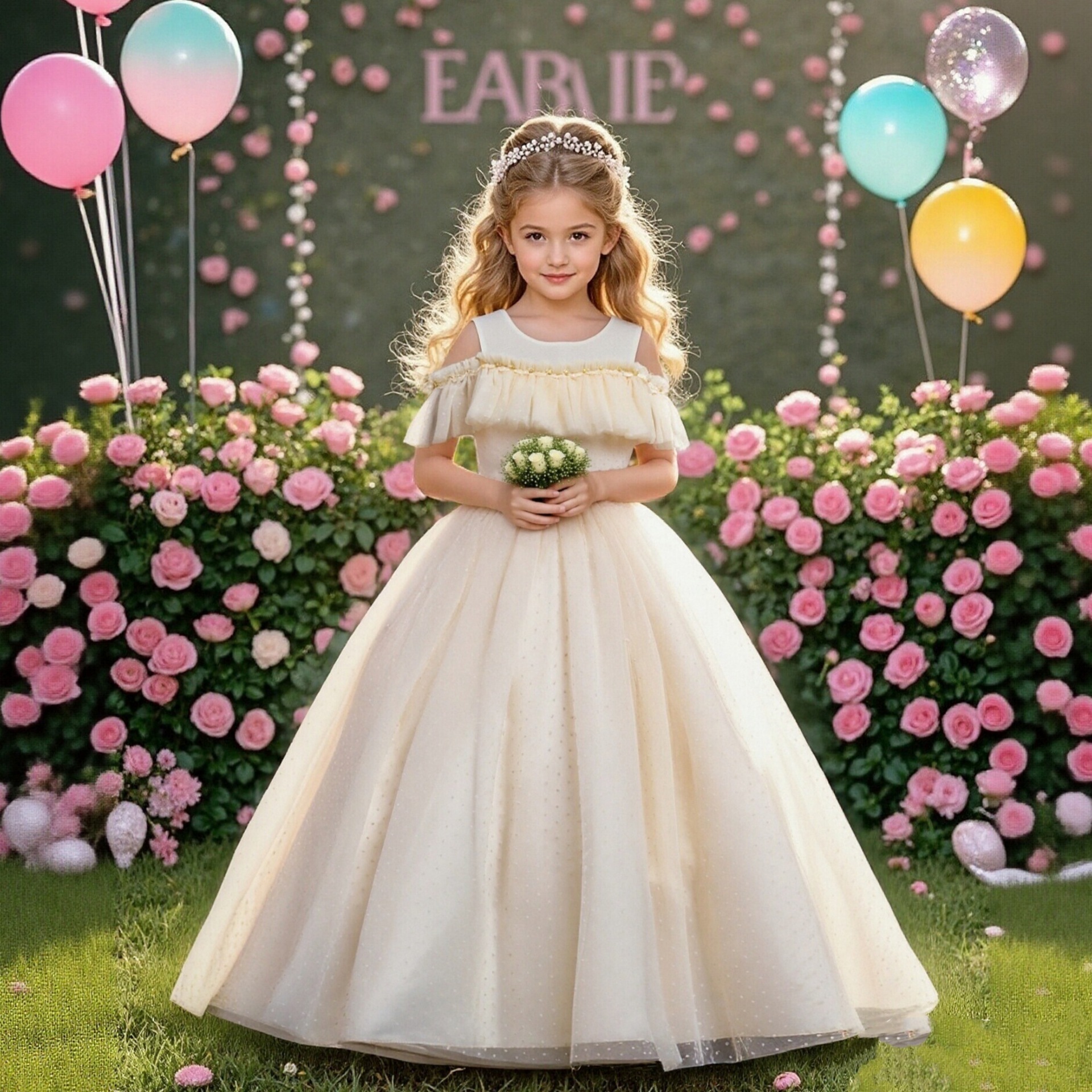 Cross border hot selling one-piece off shoulder lace mesh princess dress, long floral children's piano performance evening dress