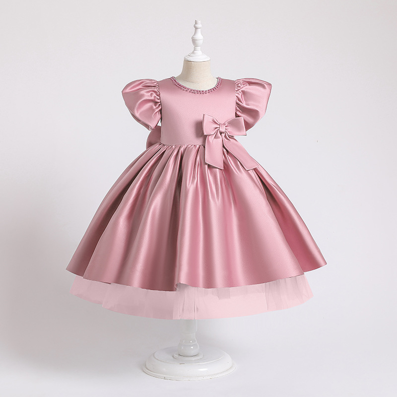 Hot selling children's dress with big bow satin princess dress, flower girl banquet wedding dress, host piano performance outfit