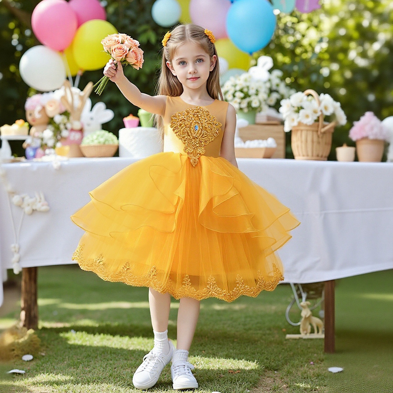 New Western Princess Skirt with Embroidered Puff Skirt, Christmas Birthday Party, Flower Girl Wedding Dress, Performance Dress