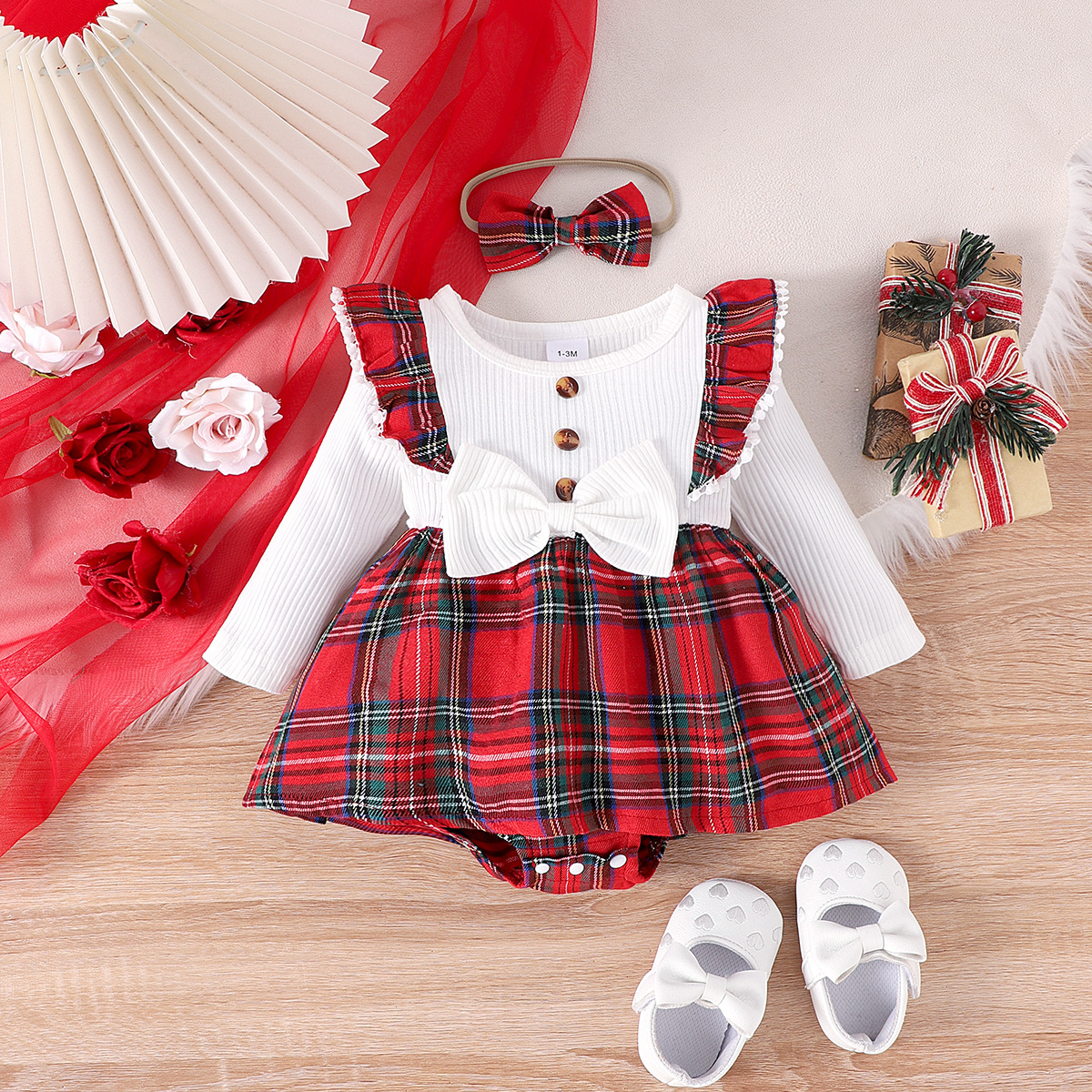 Amazon European and American baby girl long sleeved white shirt with red checkered pattern, dress