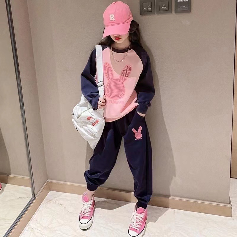 Girls' set Spring and Autumn clothing, internet famous children's sportswear, stylish Korean version, fashionable medium and large children's hoodie two-piece set, trendy