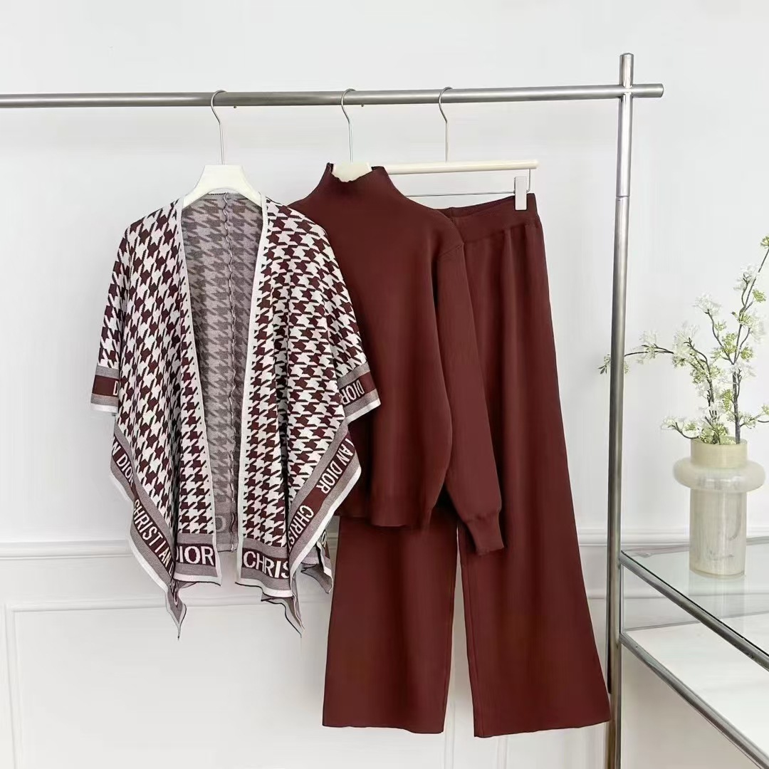 Cross border 25 year casual European and American suit autumn and winter fashion long sleeved two-piece set knitted sweater high waist wide leg pants three pieces