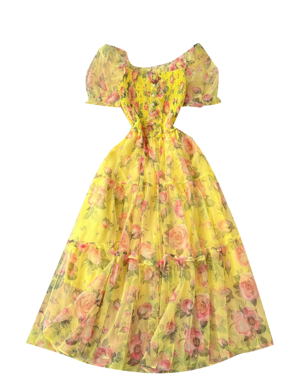 Tea break retro French gentle style floral chiffon dress for women with a cinched waist and a one shoulder puff sleeve mesh skirt Tea break retro French gentle style floral chiffon dress for women with a cinched waist and a one shoulder puff sleeve mesh skirt