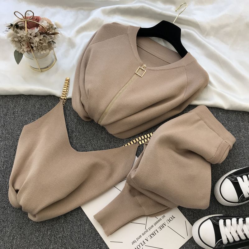 2024 Autumn New Product Han Fan Ins Sweet Temperament Chain Tank Top Knitted Coat+Small Foot Elastic Pants 3-Piece Set