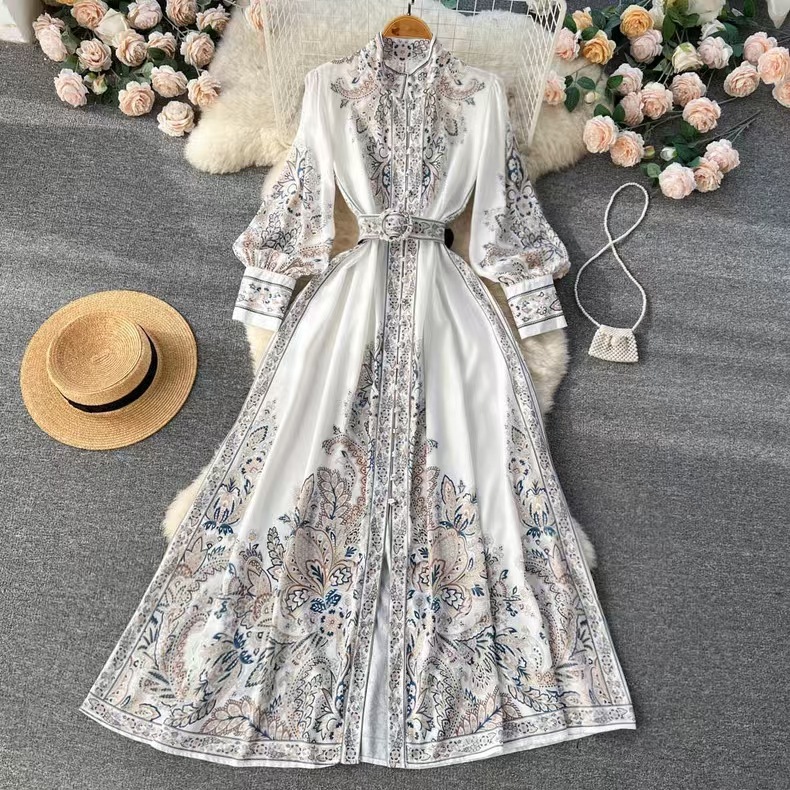 Spring and Autumn New Vacation Style Stand up Collar Lantern Sleeve Printed Together Women's Waist Large Swing A-line Knee length Skirt