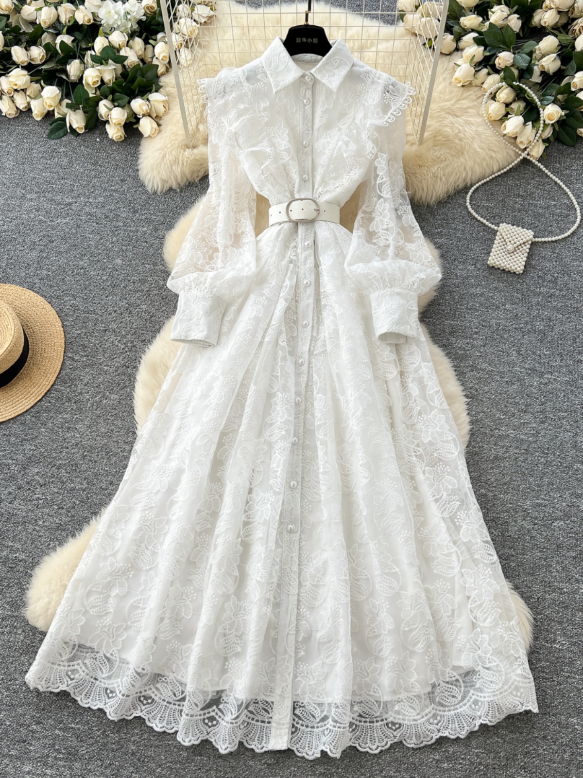Light luxury socialite style, high-end Polo collar dress, women's spring mesh embroidery, niche design, fairy chic long skirt