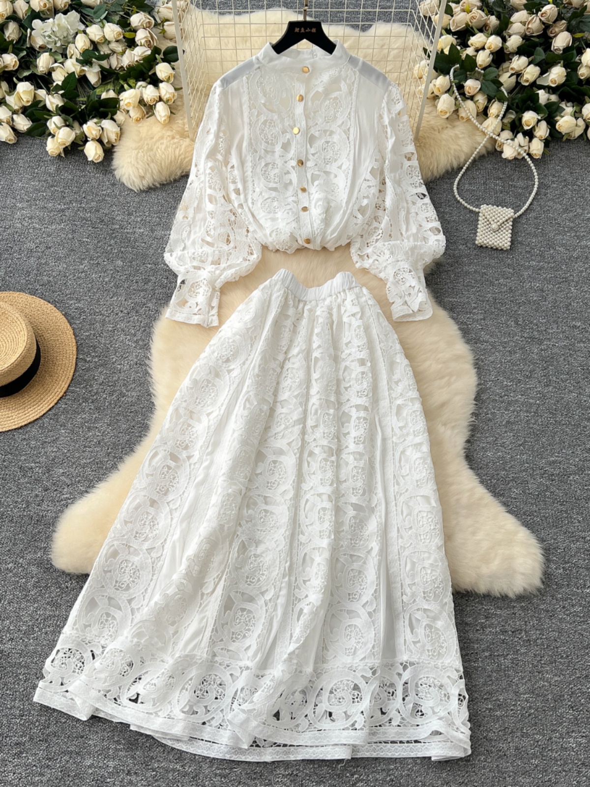 French and Western style anti-aging suit for women, featuring a hollowed out hook flower lace lantern sleeve shirt and a high waisted knee high skirt